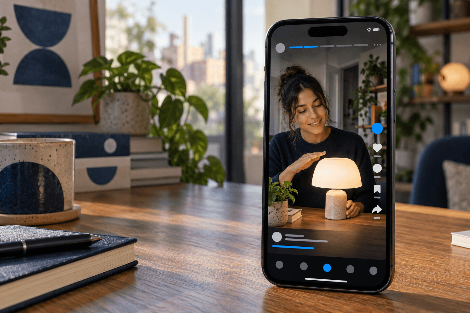 Celular em uma mesa mostra uma criadora fictícia demonstrando uma luminária em uma interface de vídeo curto sem marca.