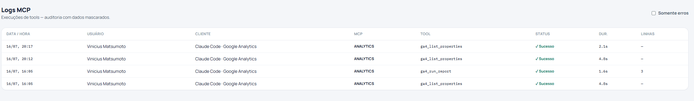 Tela de logs de execução de tools do Data-Labs MCP
