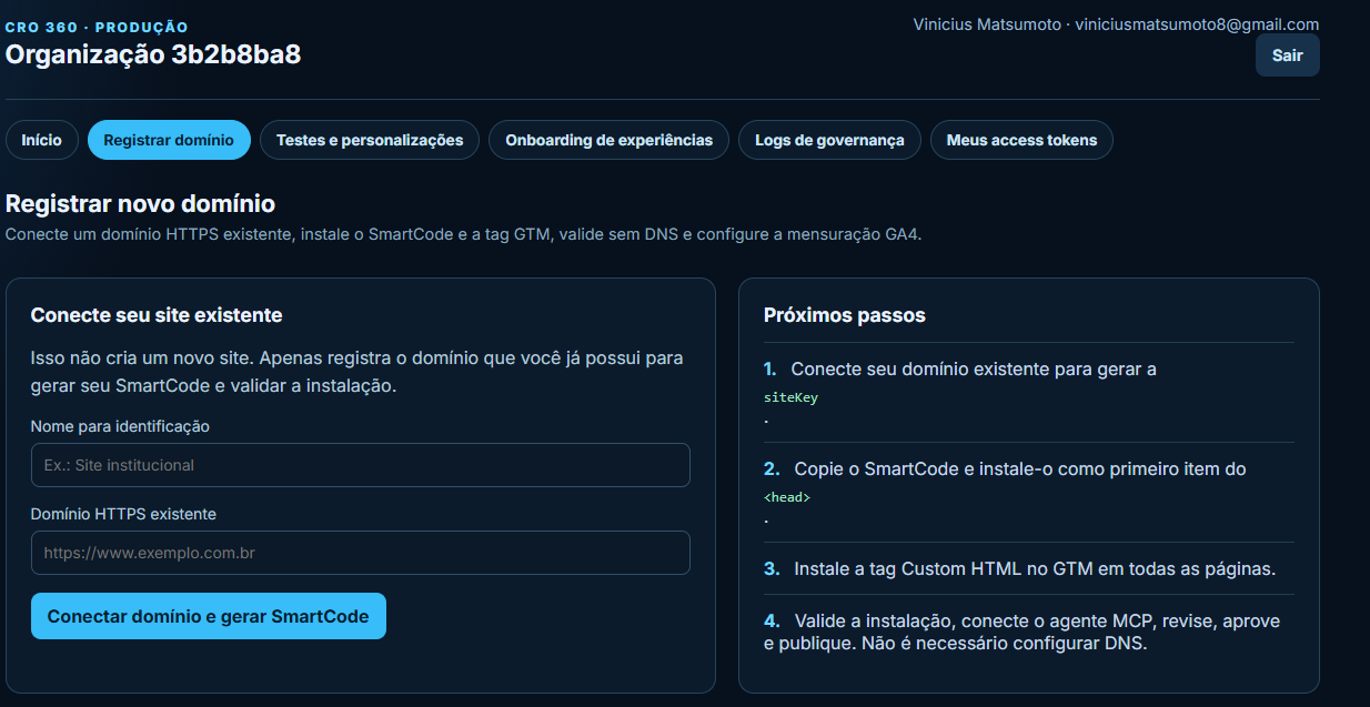 Tela de registro de domínio do CRO 360, com o passo a passo de conectar domínio HTTPS, instalar o SmartCode no head, publicar a tag no GTM e validar sem DNS