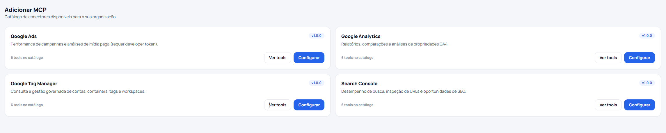 Catálogo de conectores do Data-Labs MCP mostrando Google Ads, Google Analytics, Google Tag Manager e Search Console, cada um com versão e número de tools disponíveis